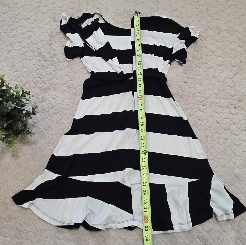 LOFT Black & White Striped Flutter Sleeve Belted Ruffle Dress, Size 6 Petites - Picture 5 of 9